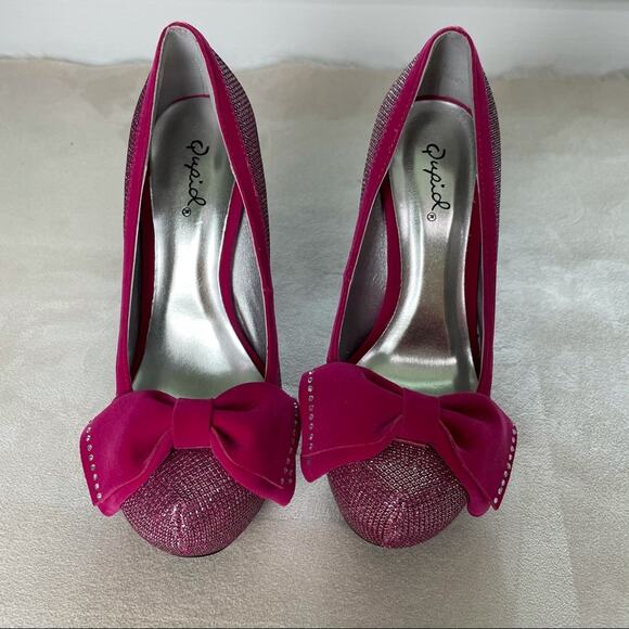 Qupid NWOB Hot Pink Metallic Dazzle Rhinestone Bow Stiletto Heels Size 7.5 - Picture 4 of 7